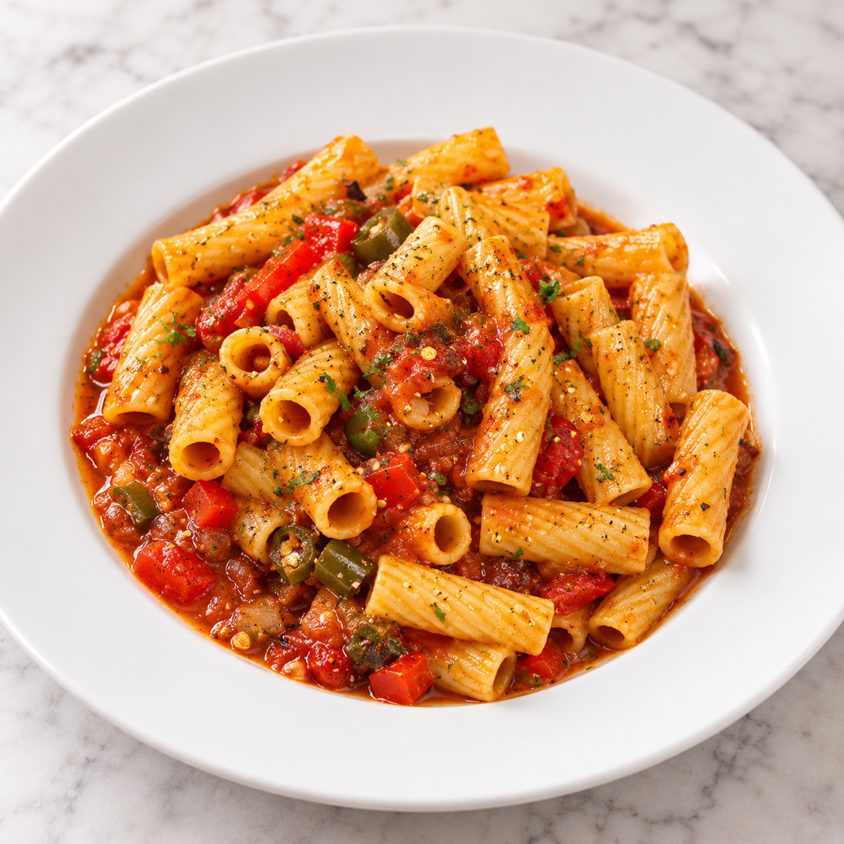 Makkaroni mit Tomatensauce, Paprika und Jalapenos