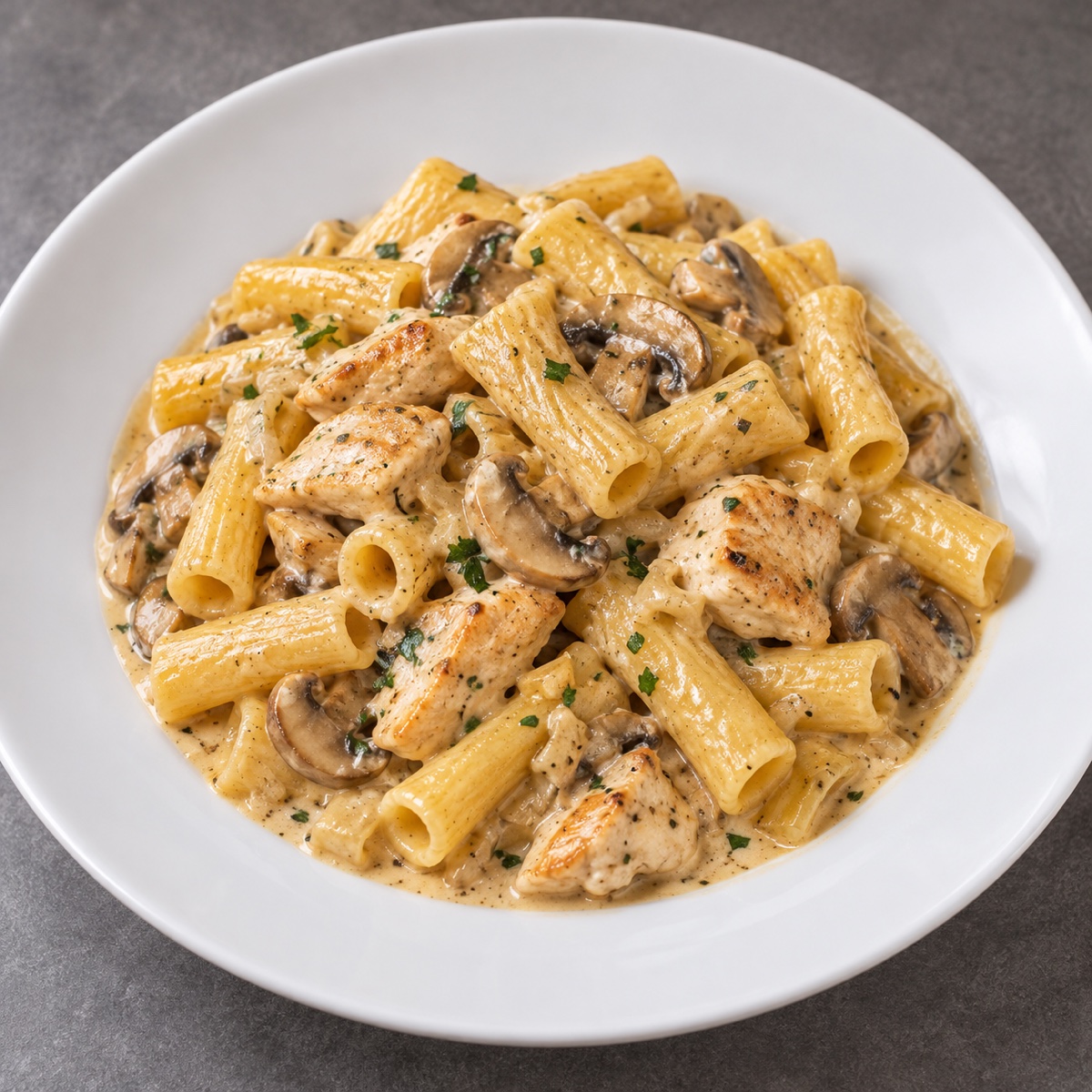 Makkaroni mit Haehnchen, Champignons und Sahnesauce