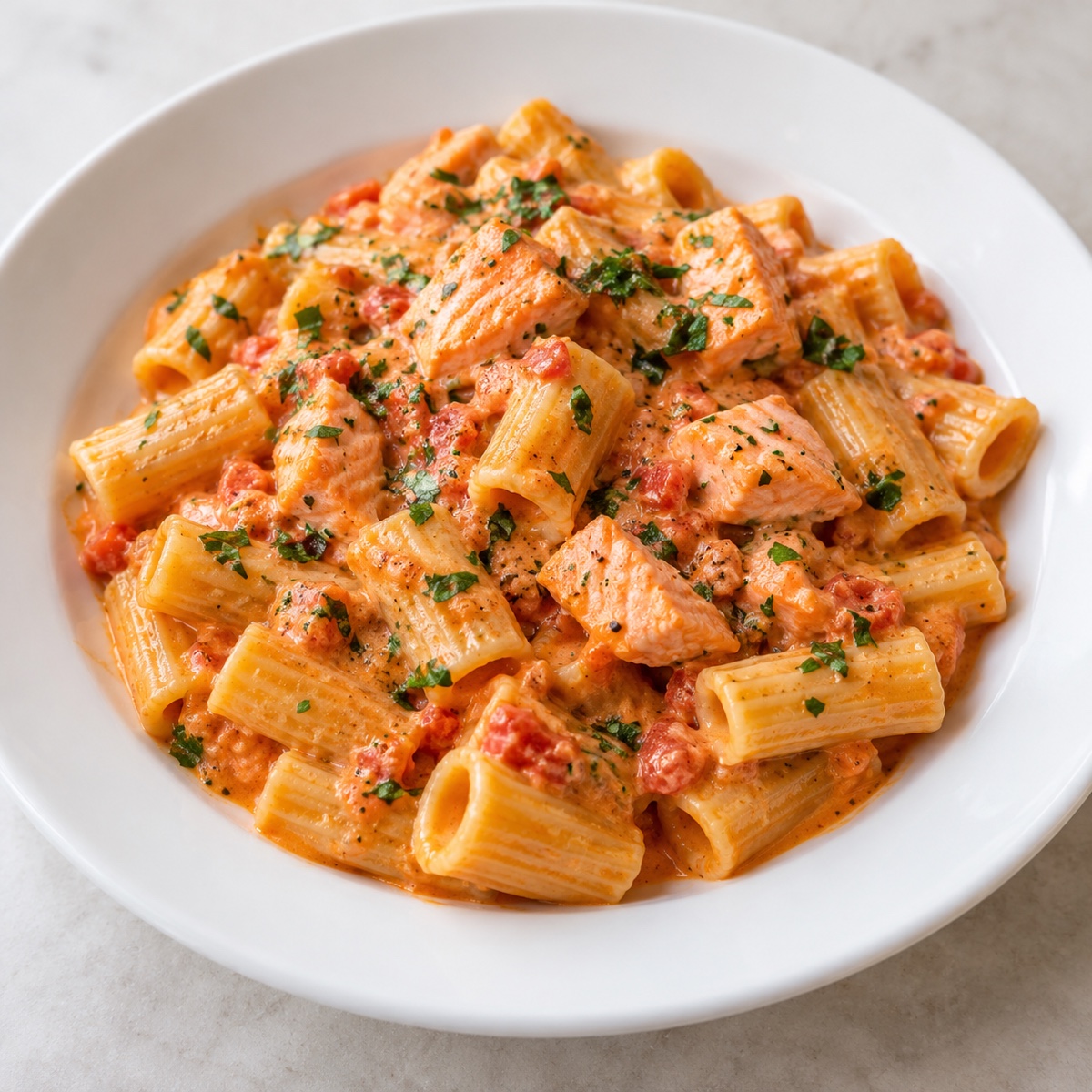 Makkaroni mit Lachs in Tomaten-Sahnesauce