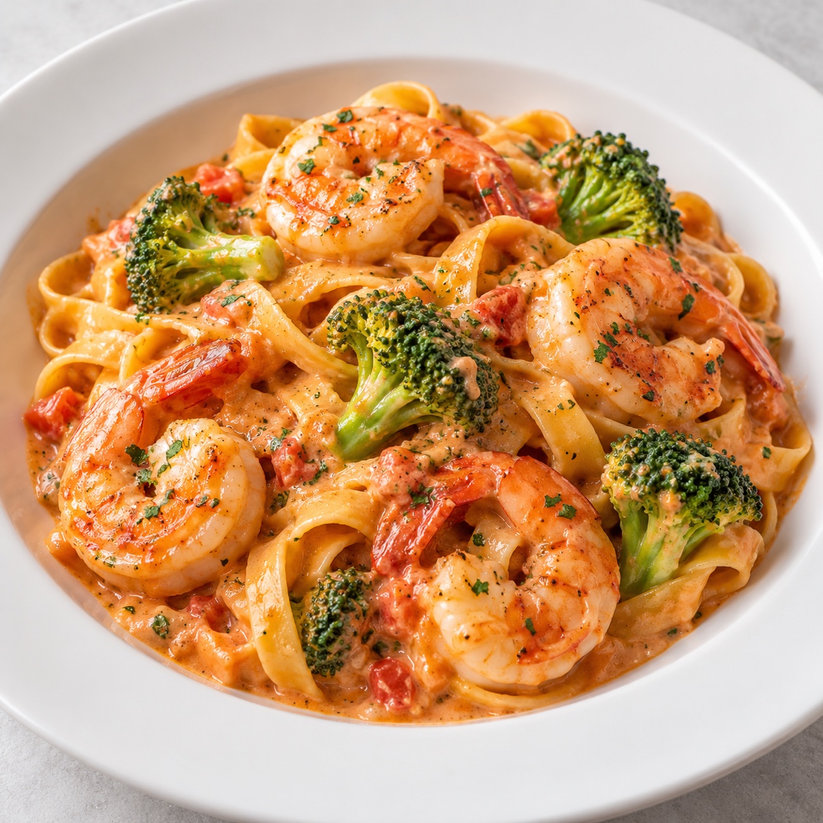 Tagliatelle mit Gambas und Brokkoli in Tomaten-Sahnesauce
