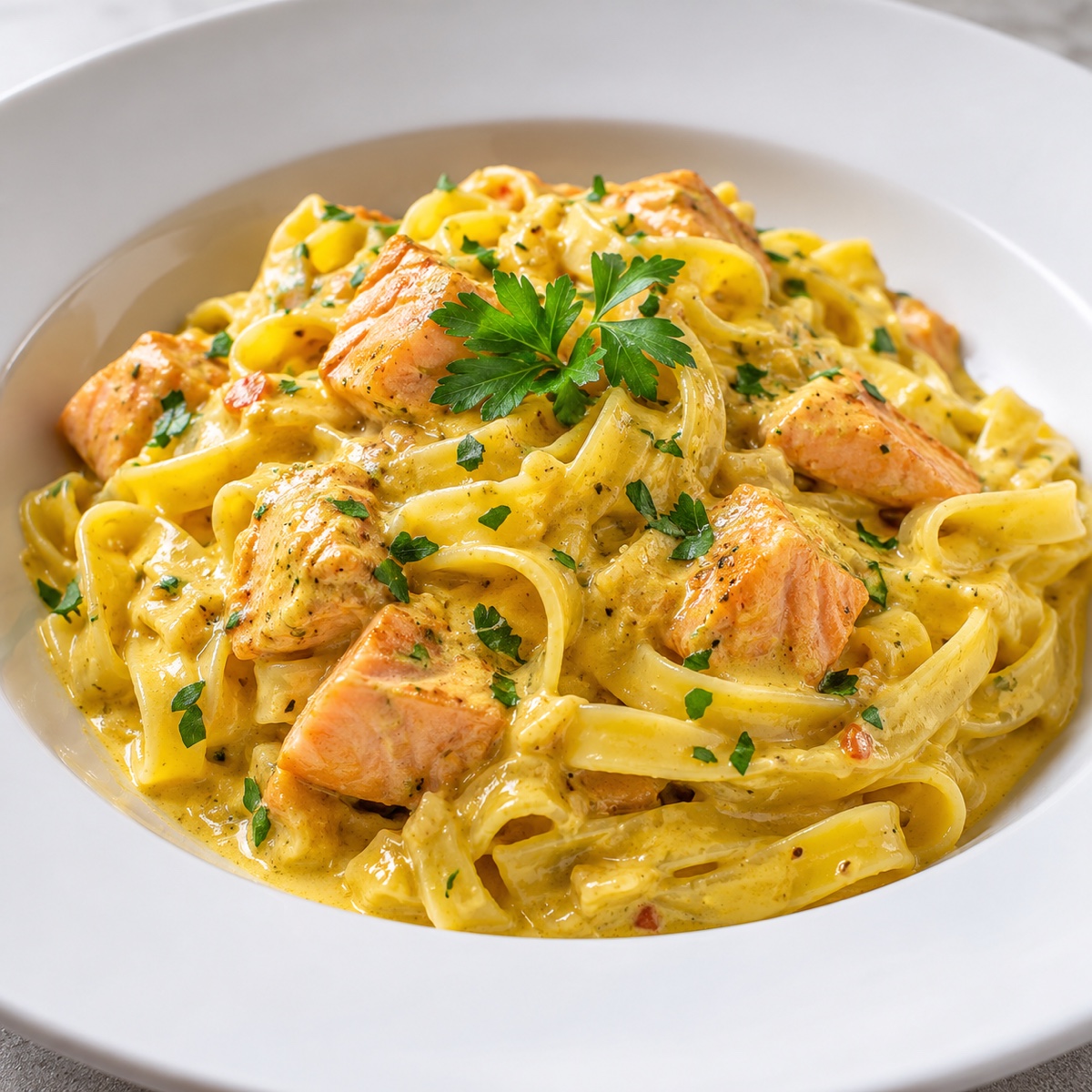 Tagliatelle mit Lachs in Curry-Sahnesauce