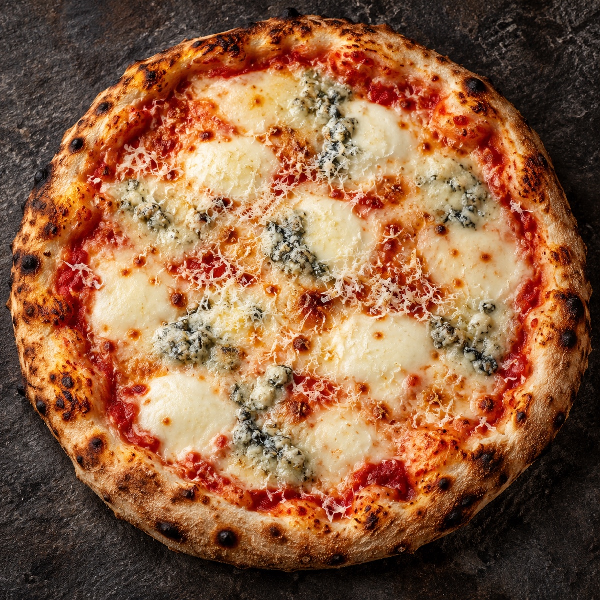 Pizza Quattro Formaggi mit Mozzarella, Gorgonzola und Parmesan