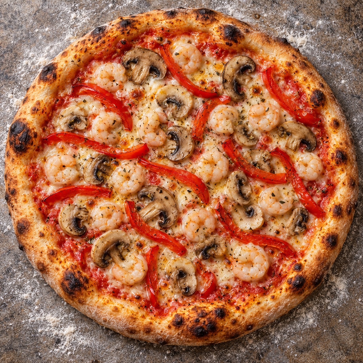 Pizza Mare e Monte mit Gamberetti, Champignons und roter Paprika