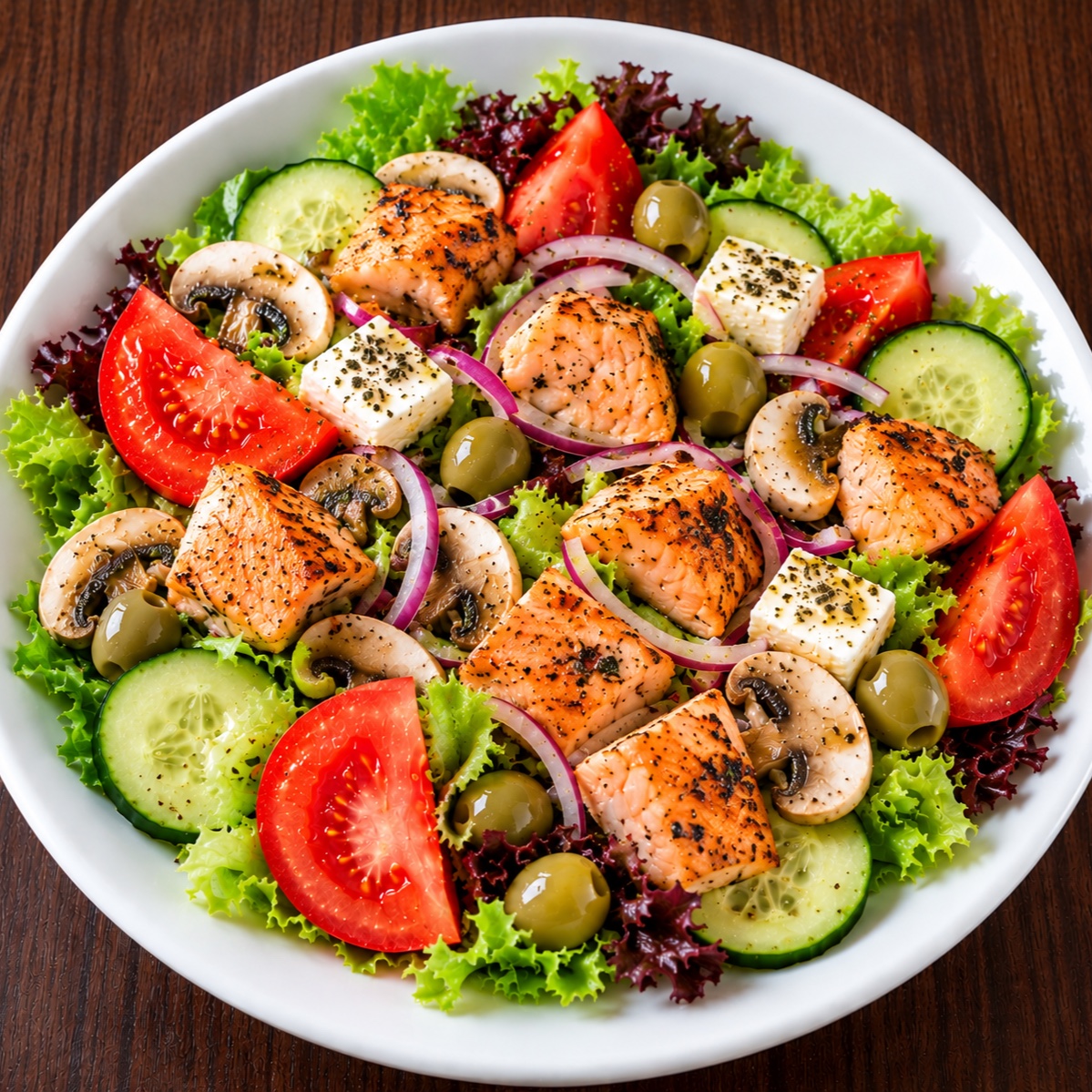 Salat Salmone mit gebratenen Lachsstuecken