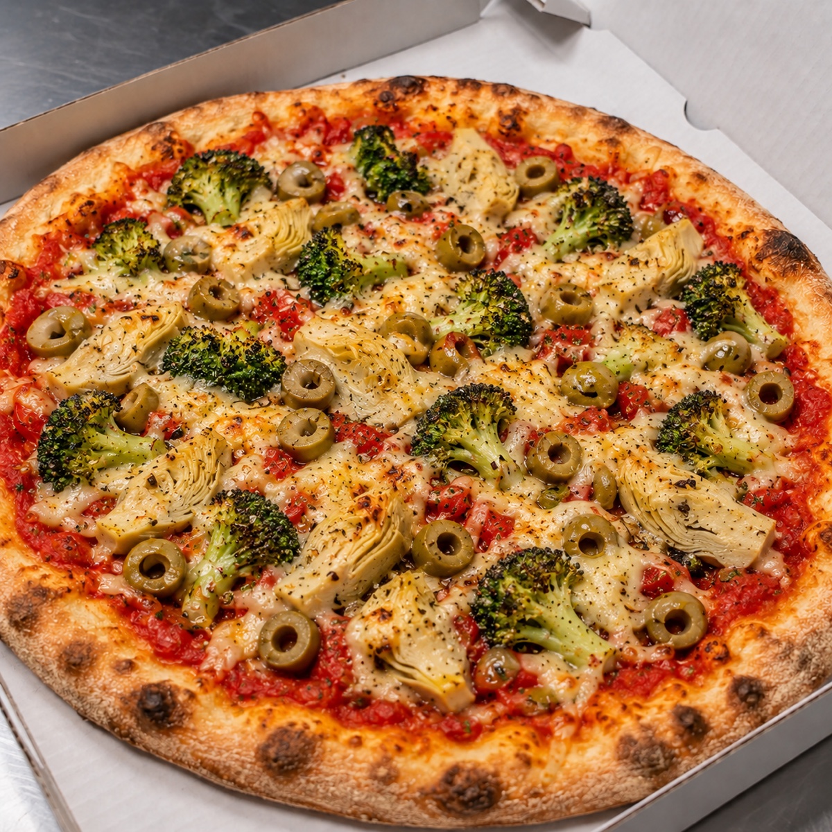 Pizza Vegie mit Broccoli, Artischocken und Oliven
