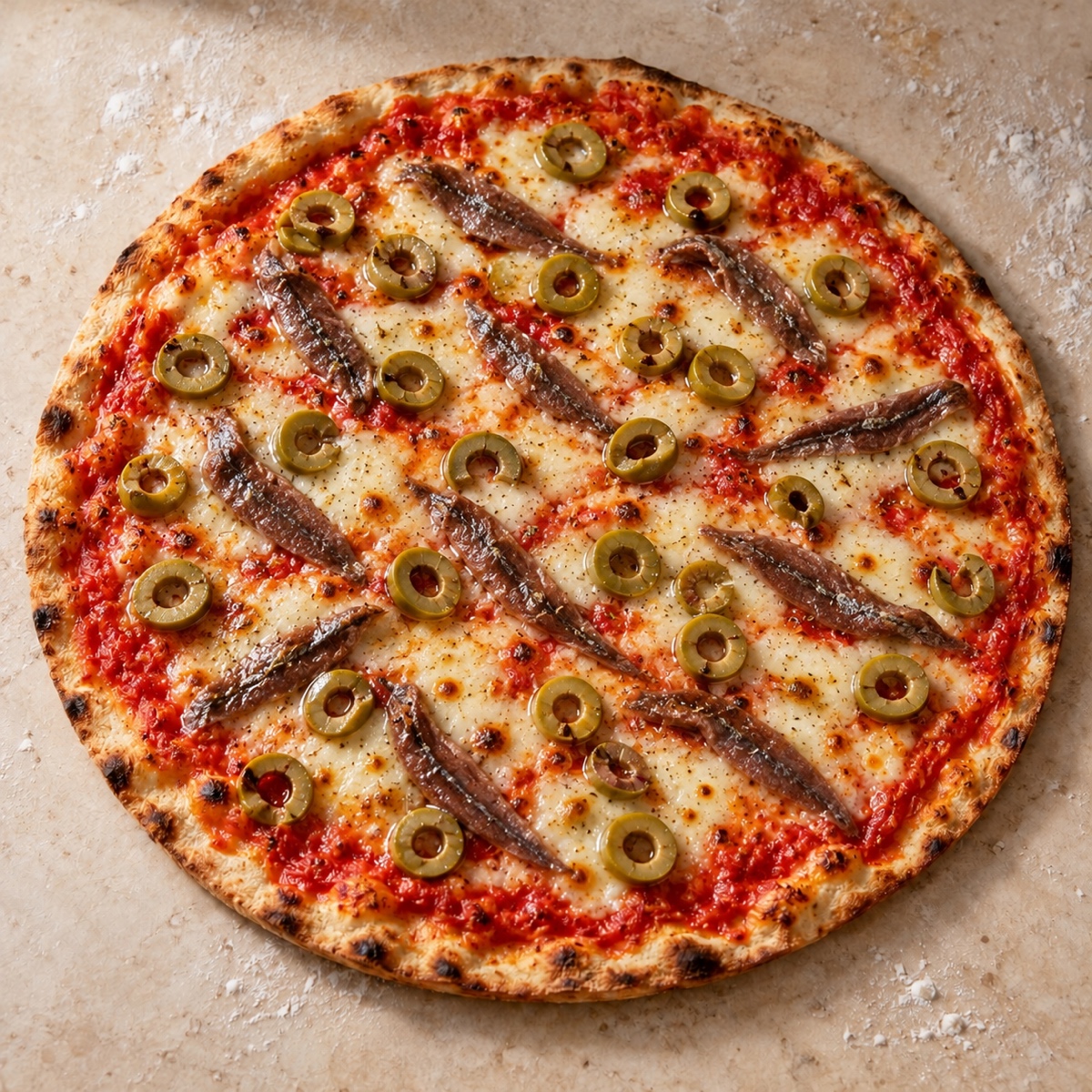 Pizza Napoli mit Sardellen und grünen Oliven