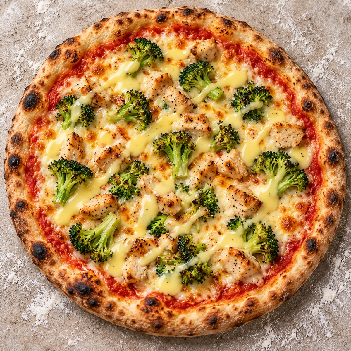 Pizza mit Brokkoli, Hähnchen und Sauce Hollandaise