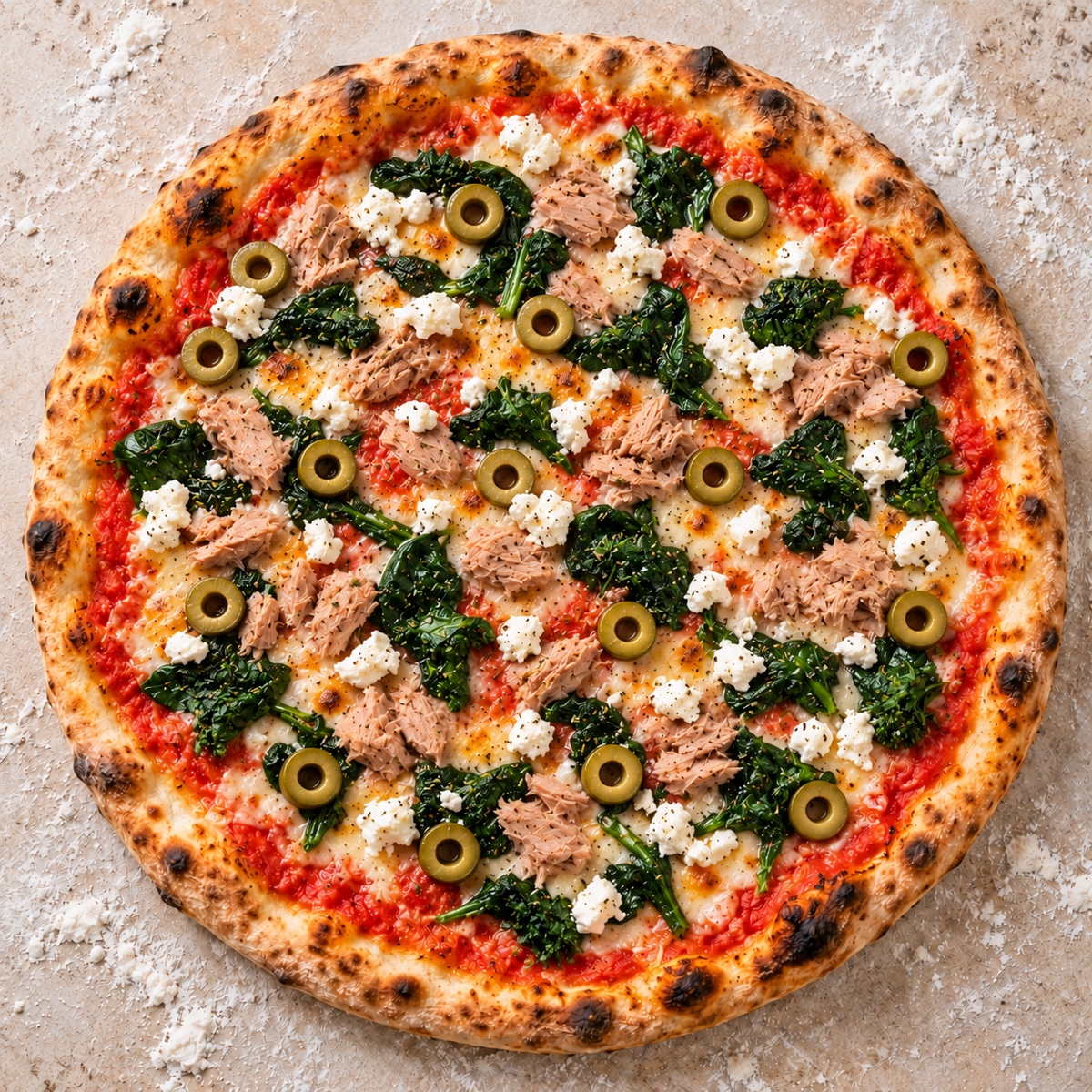 Pizza a la Chef mit Thunfisch, Spinat, Schafskäse und grünen Oliven