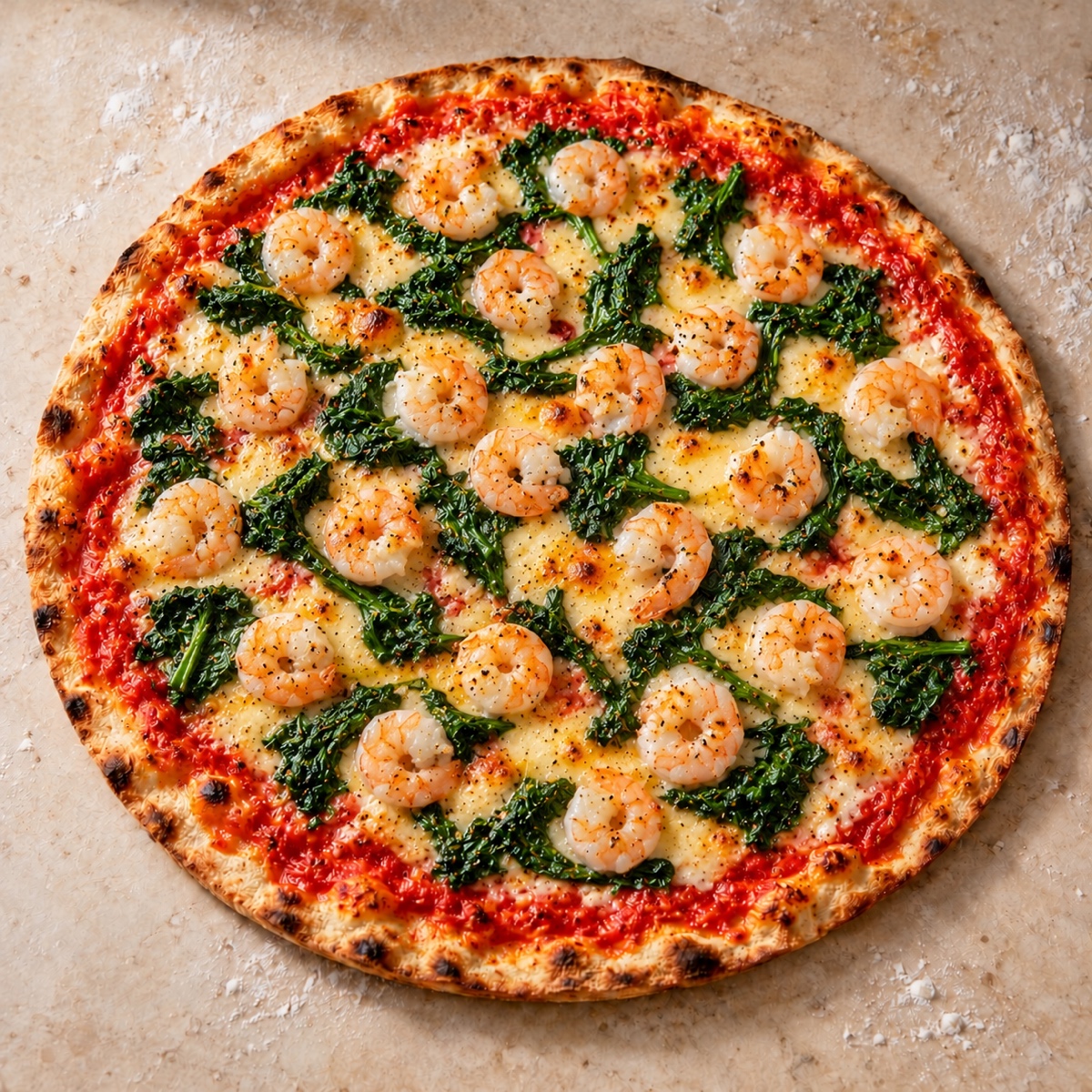 Pizza mit Spinat und Gamberetti