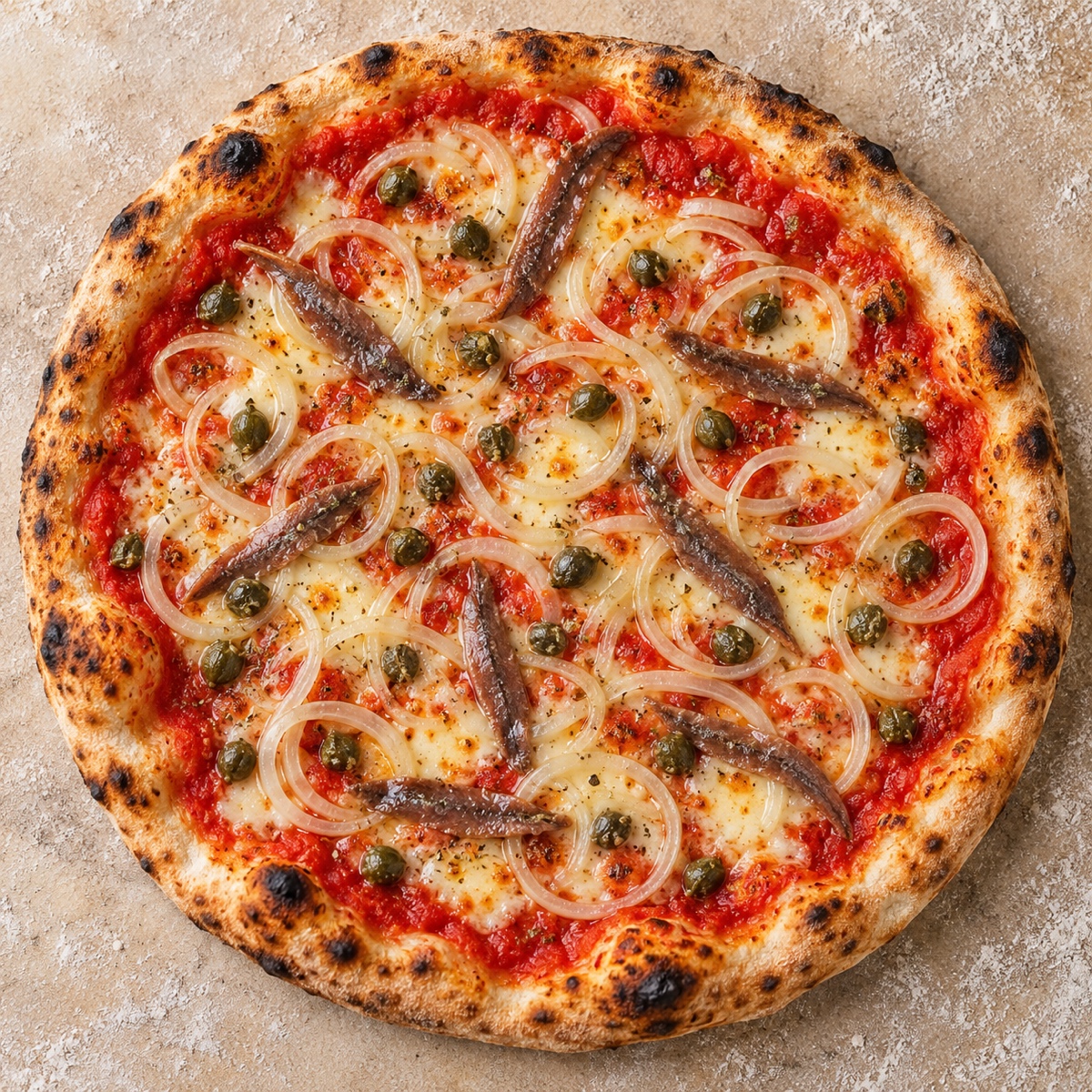 Pizza Siciliana mit Zwiebeln, Sardellen und Kapern