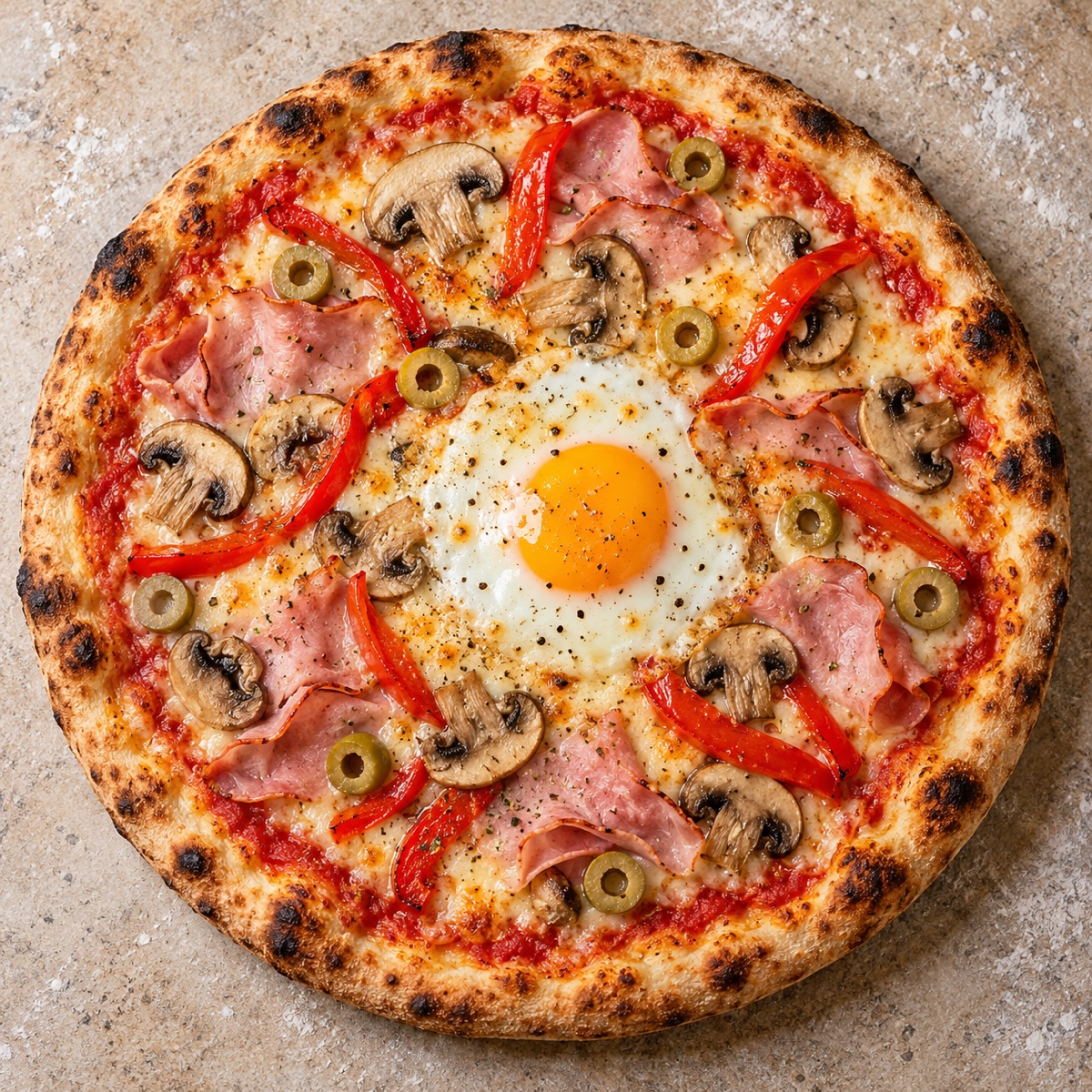 Pizza mit Schinken, Champignons, Paprika, Spiegelei und grünen Oliven