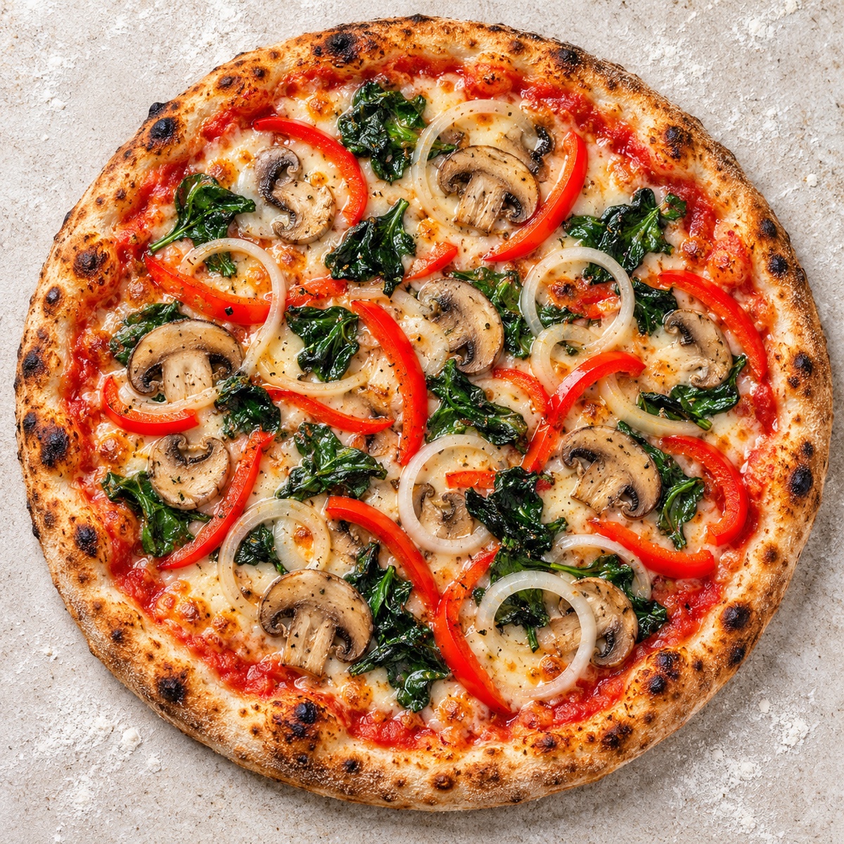 Pizza Vegetariana mit Champignons, Paprika, Spinat und Zwiebeln
