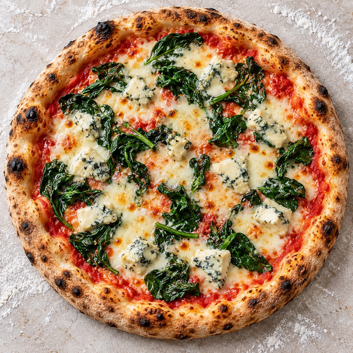 Pizza mit Spinat und Gorgonzola