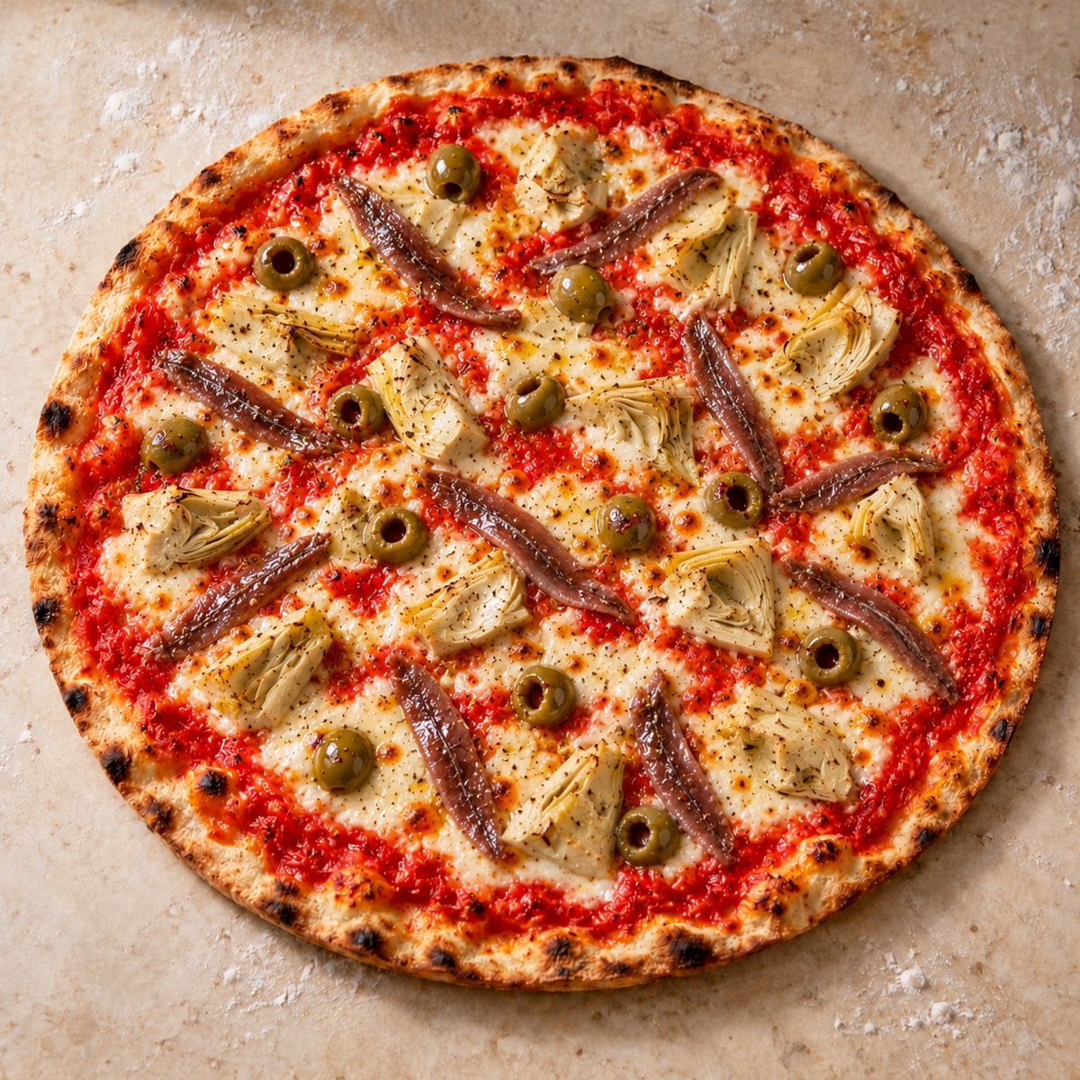 Pizza Venezia mit Artischocken, Sardellen und grünen Oliven