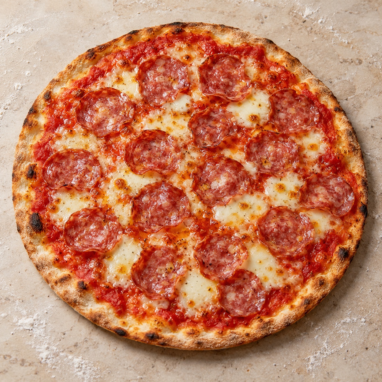 Pizza Salami mit dünnem knusprigem Boden